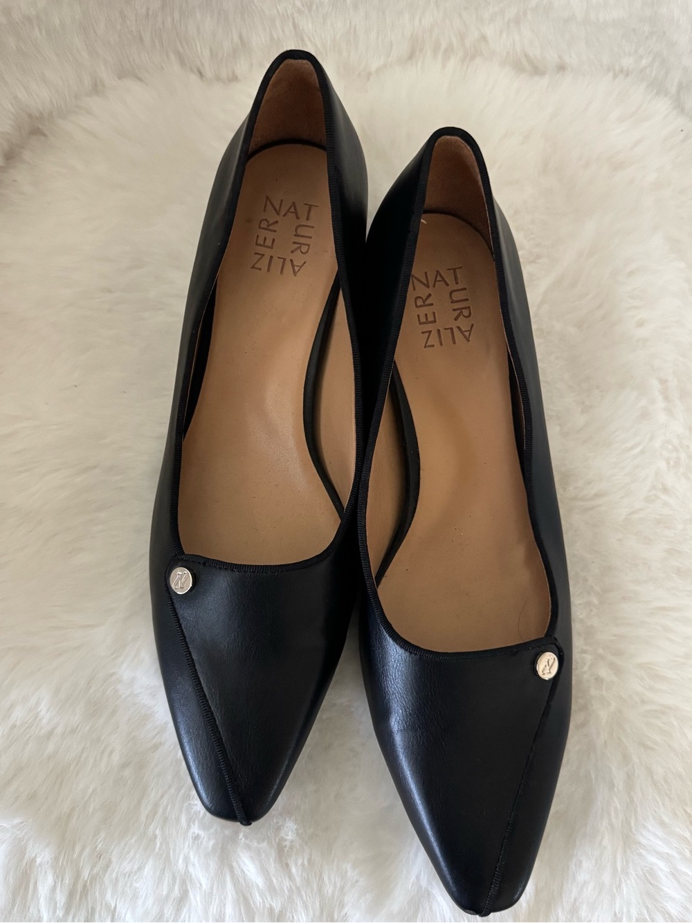 Naturalizer Black Pointed-Toe Leather Flats with Stud Accent